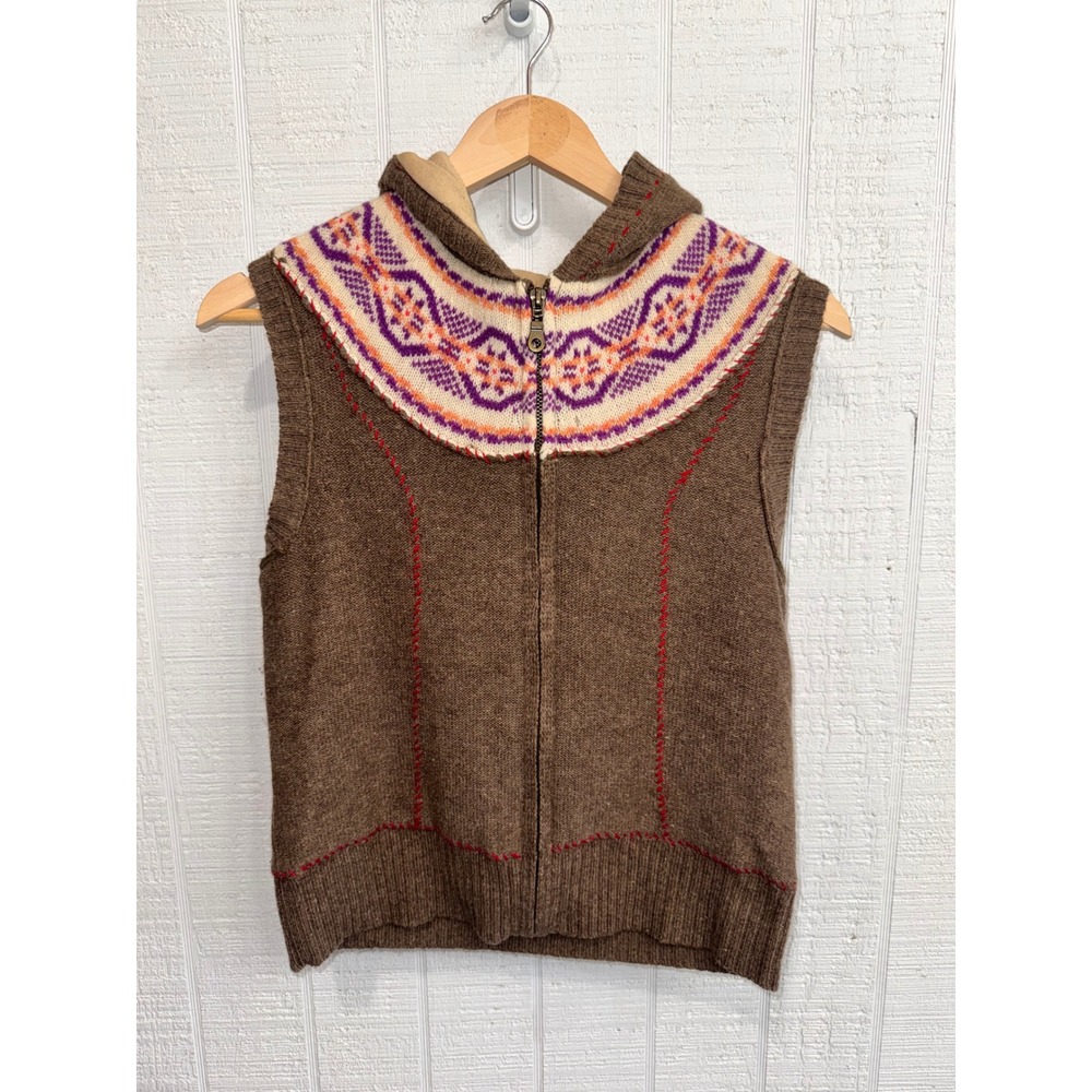 Free People Sweater Vest Women Brown Fair Isle Hooded Lambswool Angora XS